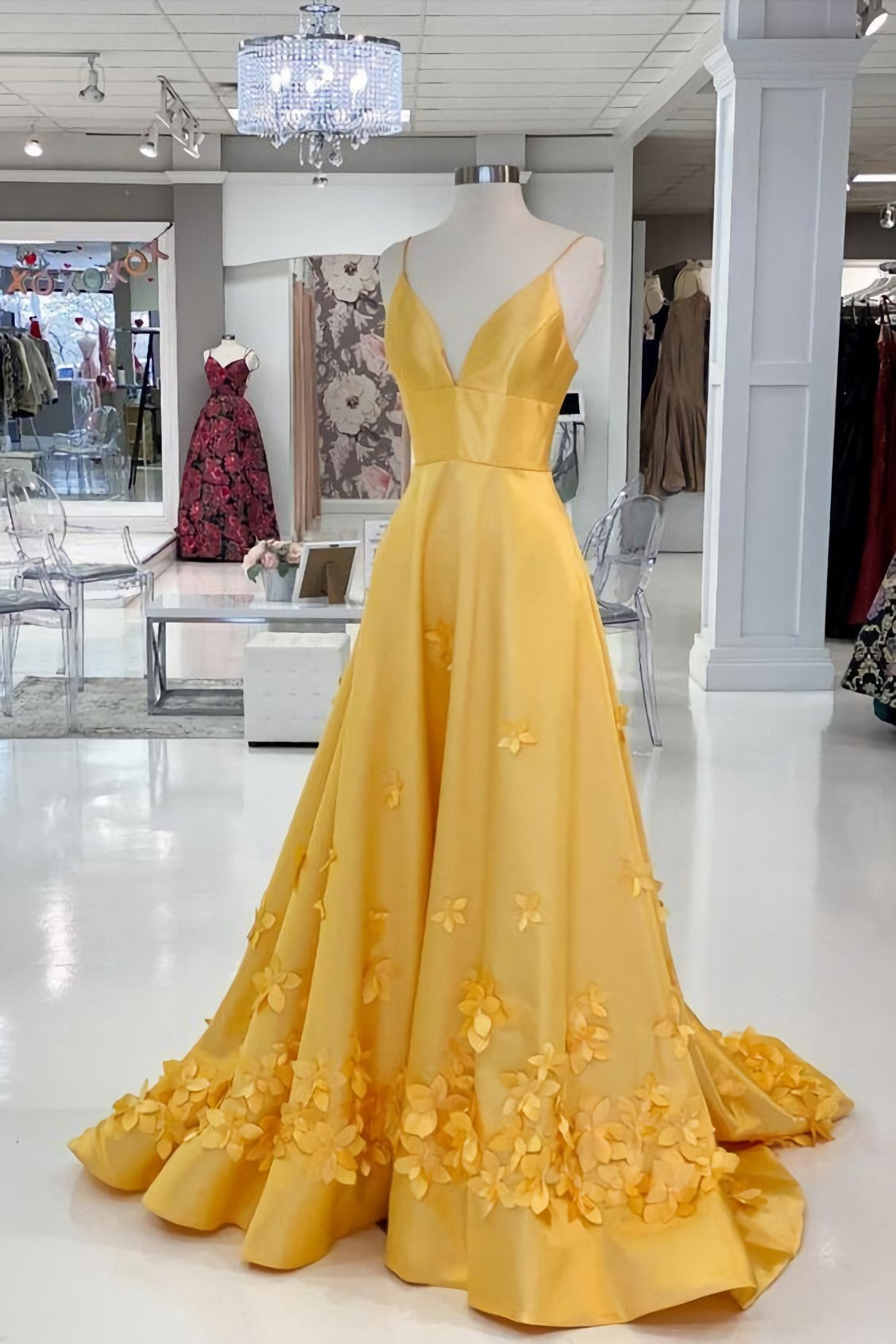Elegant Yellow Corset Prom Dress, With Flowers outfit, Prom Dresses2029