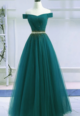 Pretty Hunter Green Off Shoulder Beaded Corset Prom Dress, Long Evening Dress, Party Dress Outfits, Homecoming Dresses For Kids