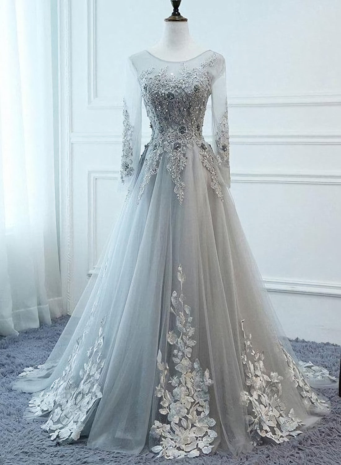 Grey Long Sleeves V Neckline Tulle Corset Prom Dress, A Line Floor Length Party Dress Outfits, Prom Dresses Long