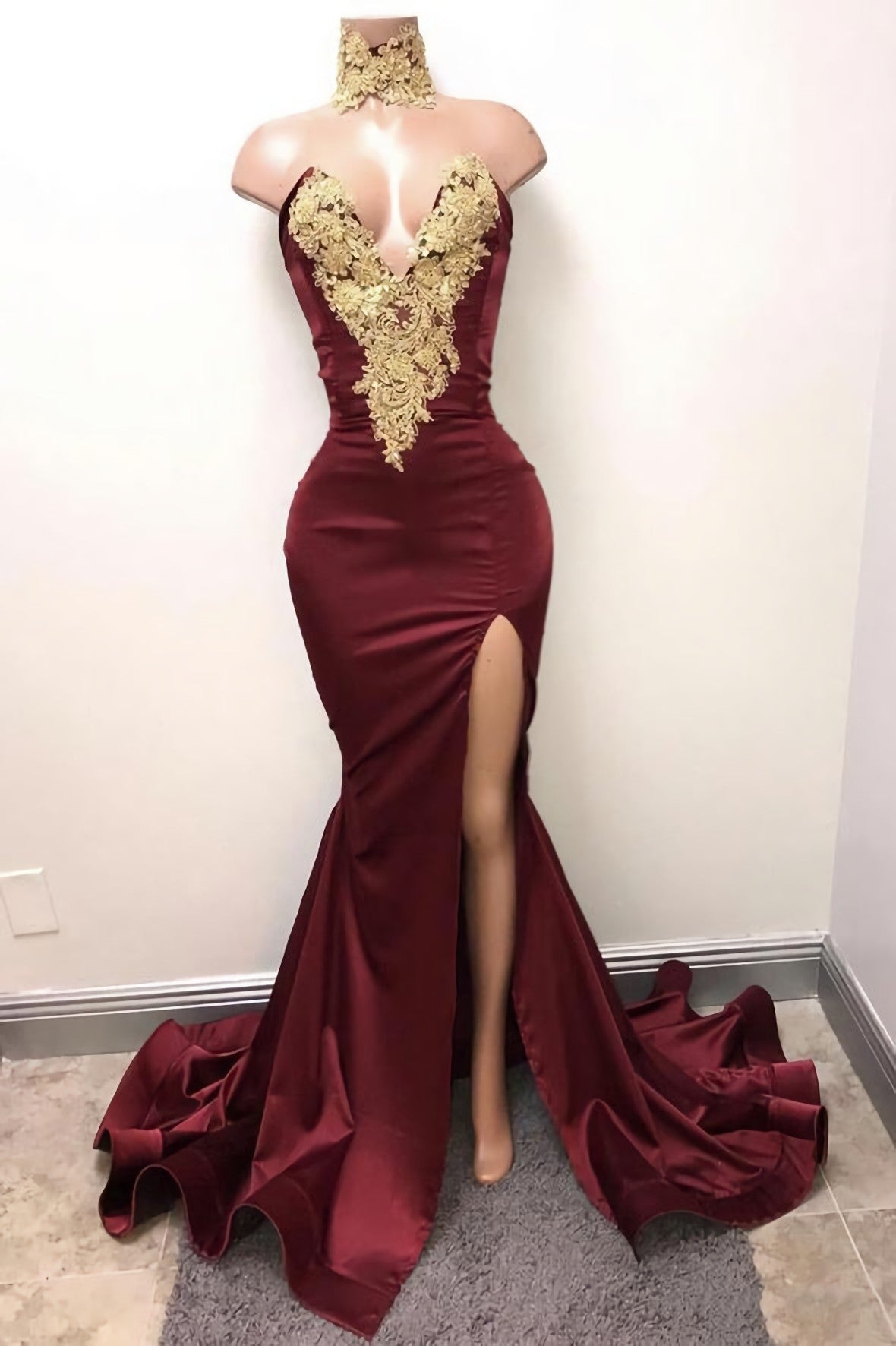 Burgundy Lace Long Corset Prom Dress, Mermaid Evening Dress outfit, Evening Dress Princess