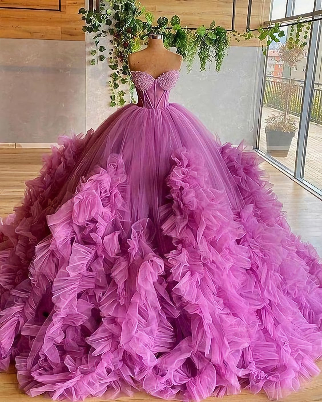 Sweetheart Purple Beading Bodice Tulle Ruffle Pleated Corset Ball Gown Evening Dress, Corset Prom Gown outfits, Homecoming Dresses Floral