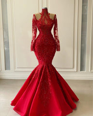 Red Luxurious Lace Beaded Evening Dresses 2024 Red Shiny Long Sleeve High Neck Mermaid Corset Prom Gowns outfits, Prom Dresses 2023