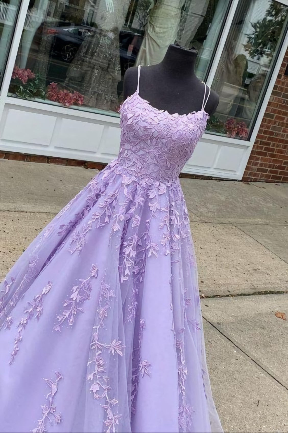 A Line Lavender Lace Appliqued Long Corset Prom Dress, Corset Formal Gown outfit, Ballgown