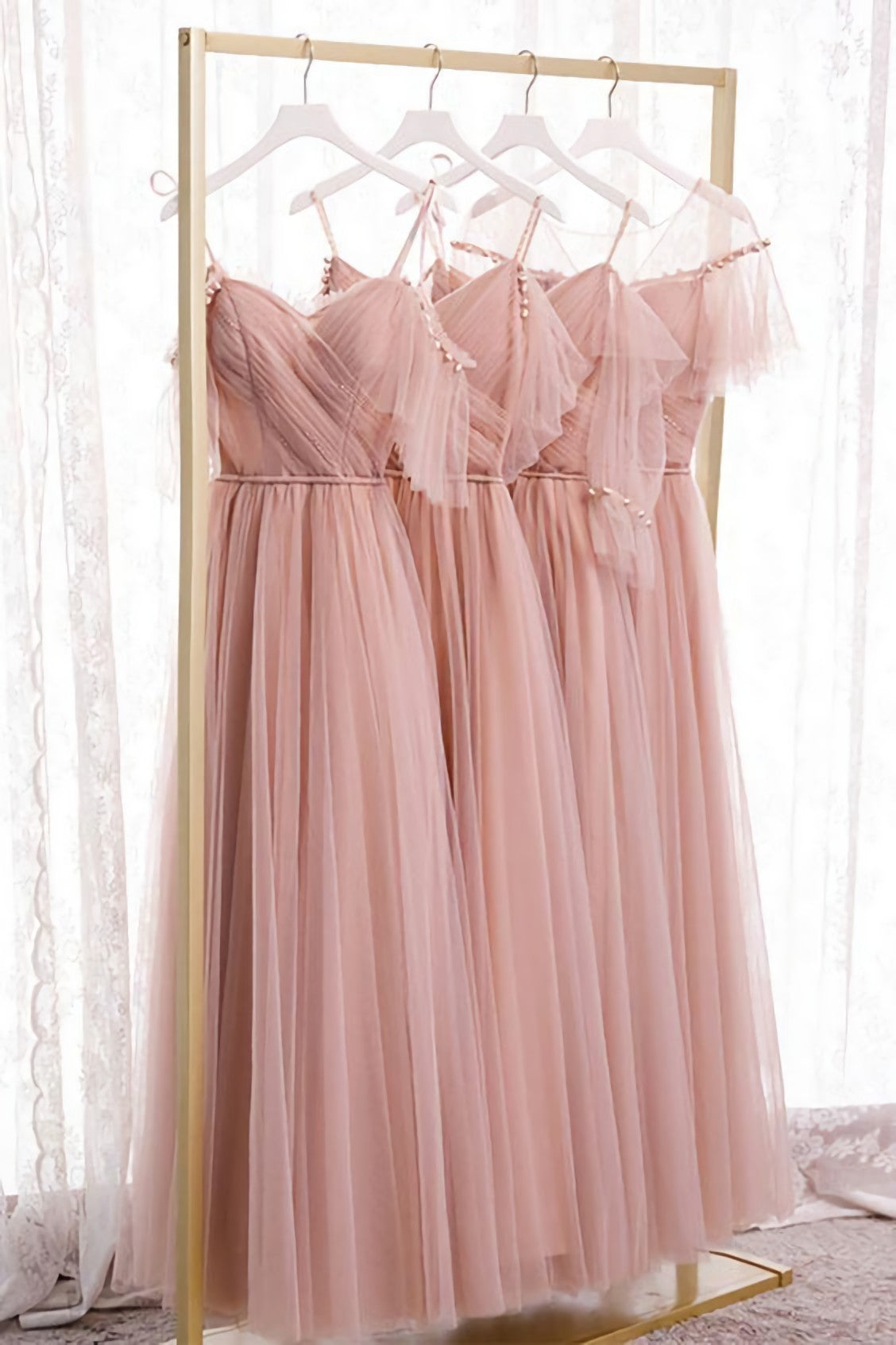 Blush Pink Tulle Long Corset Bridesmaid Dresses, Corset Prom Dress, Evening Dresses outfit, Homecoming Dresses Red