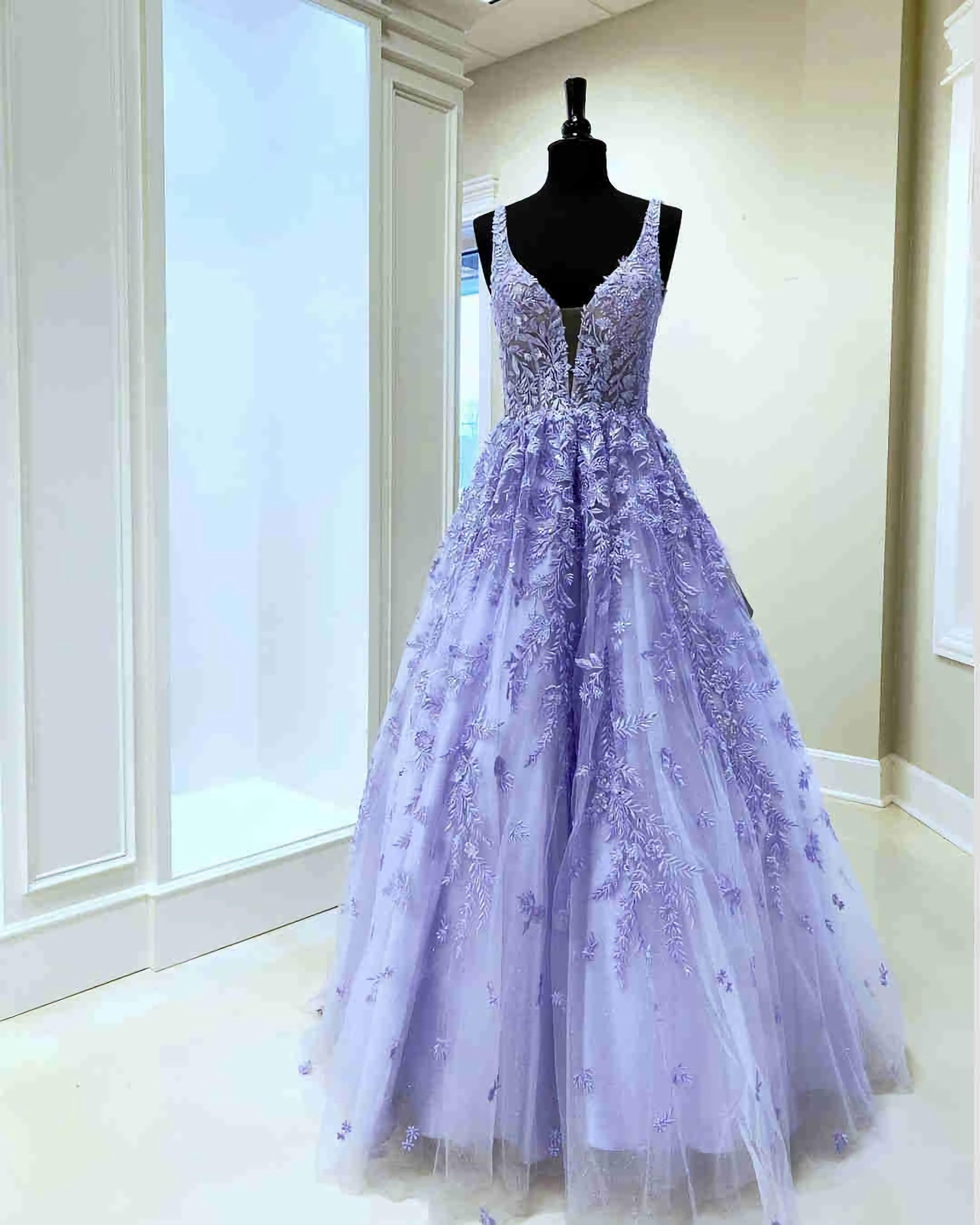 Gorgeous V Neck Embroidery Lavender Long Corset Prom Dress outfits, Evening Dress Classy