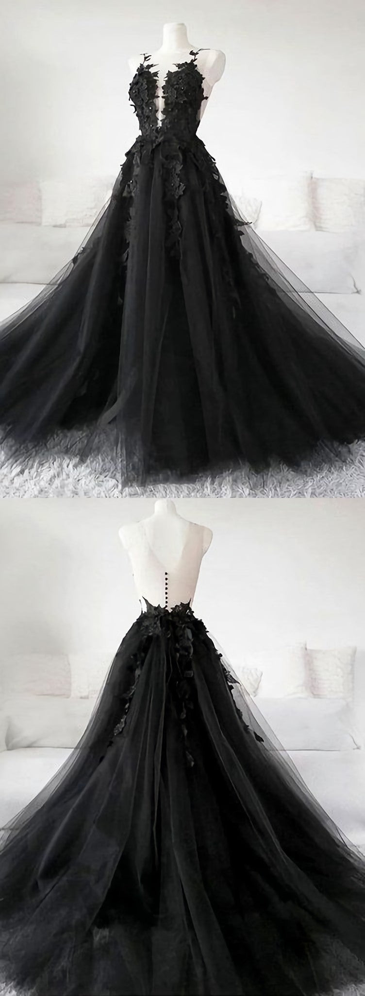 Unique Black Tulle V Neck Sheer Back Lace Applique Evening Dress, Corset Formal Dress, Long Corset Prom Dress outfits, Prom Dresses 2018