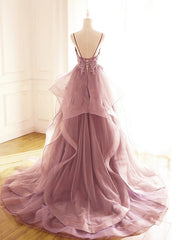 Dark Pink V Neck Tulle Lace Corset Prom Dress, Spaghetti Strap Corset Prom Dress, Ruffle A Line Corset Formal Dress outfit, Prom Dress Gowns