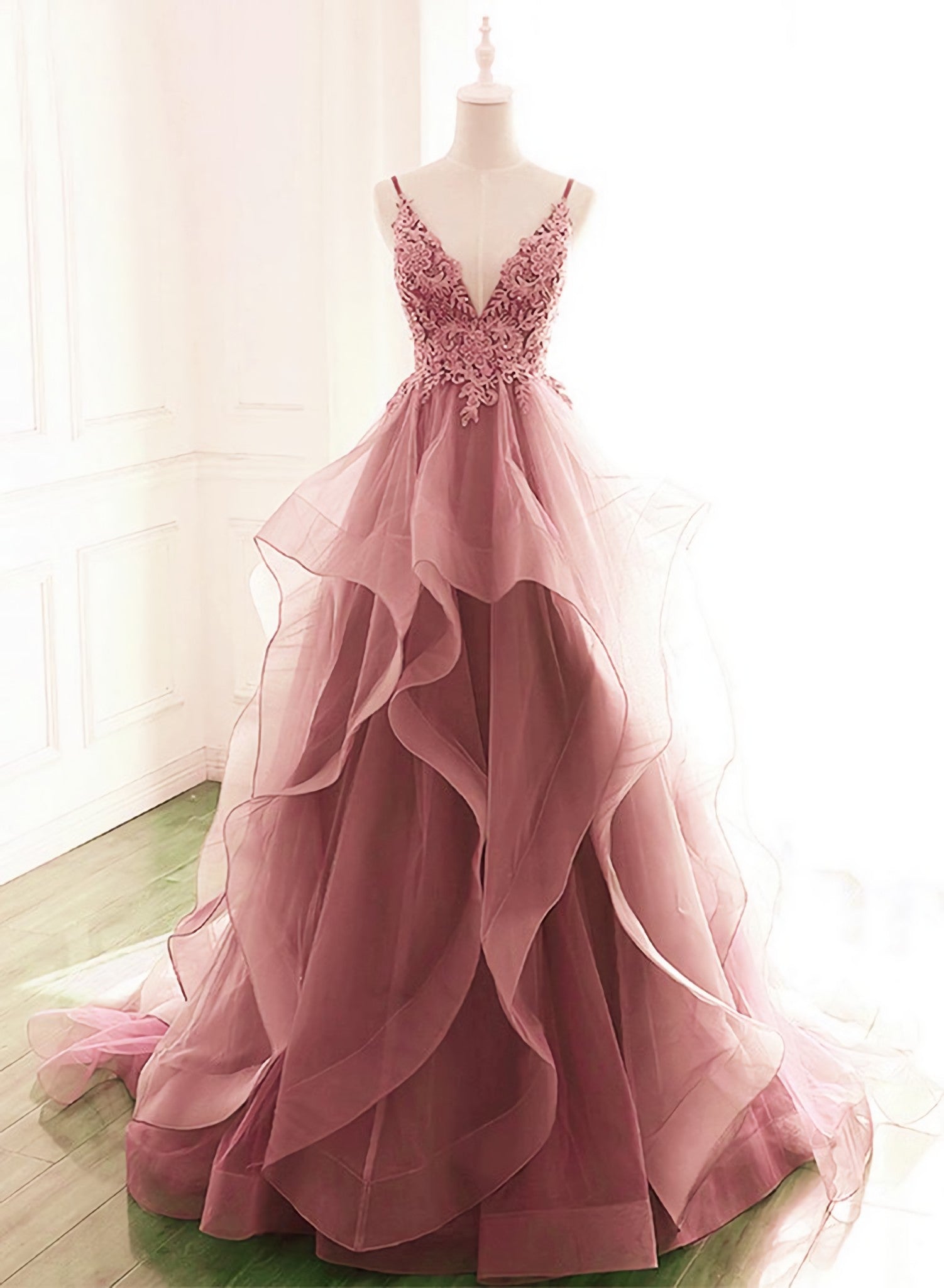 Dark Pink V Neck Tulle Lace Corset Prom Dress, Spaghetti Strap Corset Prom Dress, Ruffle A Line Corset Formal Dress outfit, Prom Dresses Gowns