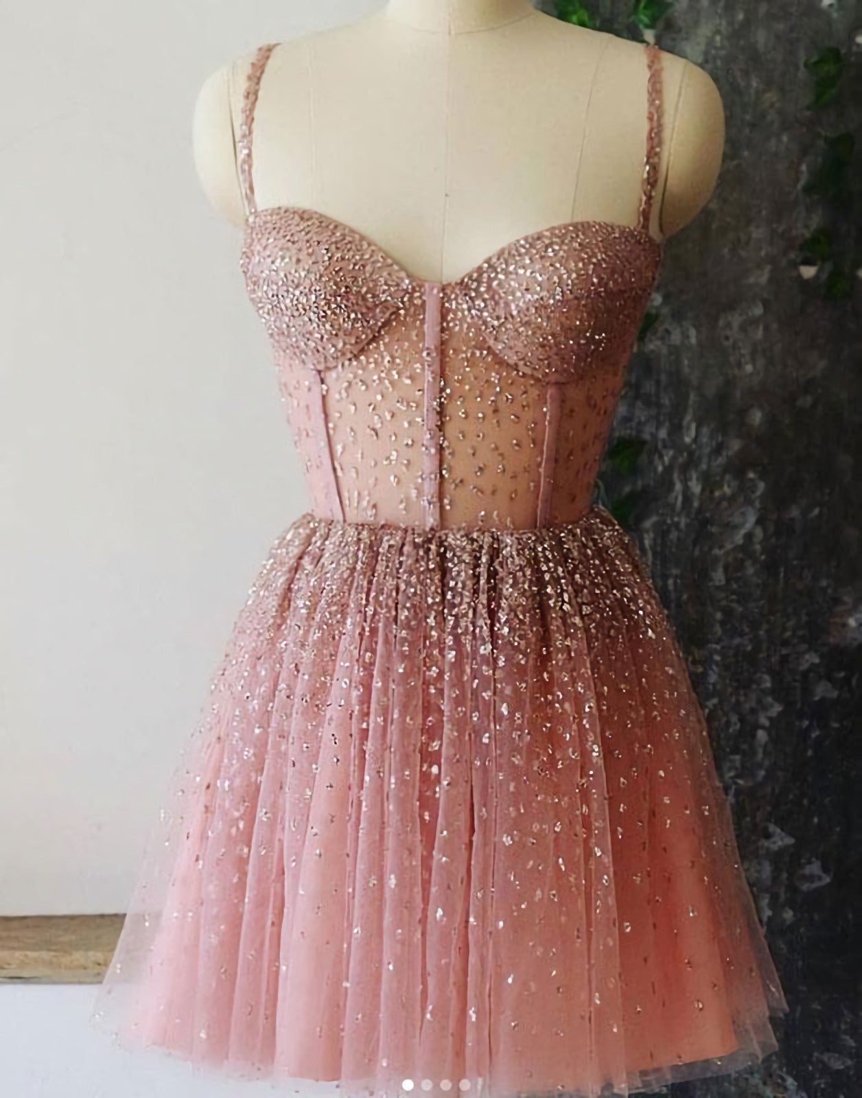 A Line Spaghetti Straps Short Dresses, Dusty Pink Beaded Corset Homecoming Dress outfit, Prom Dresses Long Beautiful