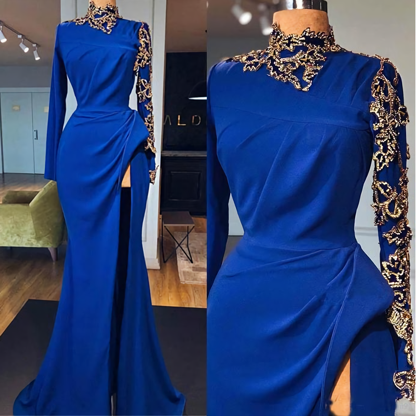 Royal Blue Mermaid Corset Prom Dresses, High Neck Long Sleeves Side Split Gold Appliques Evening Gowns outfit, Prom Dresses For Teens