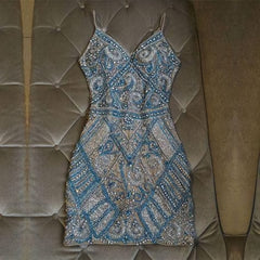 Silver And Turquoise Crystal Beaded Corset Homecoming Dresses, Short outfit, Prom Dress Different