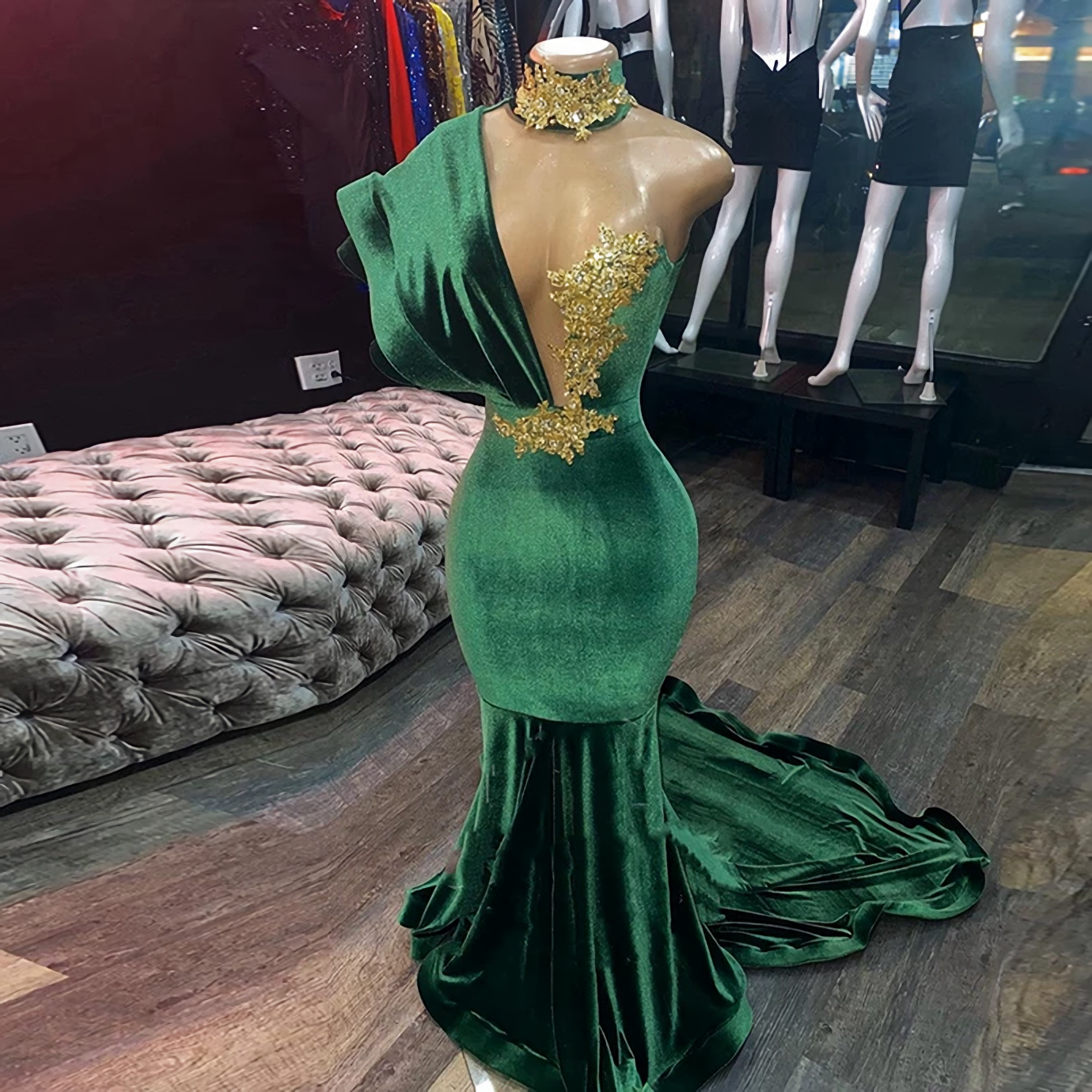 Emerald Green Evening Dresses, High Neck Appliques Gold Lace Mermaid Corset Prom Dresses, Sexy Corset Formal Velvet Party Gowns Outfits, Prom Dresses 2024