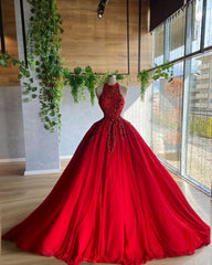 Red A Line Corset Prom Dress, Corset Ball Gown Evening Dress outfit, Evening Dress With Sleeve