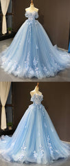 Sky Blue Tulle Off Shoulder Sweetheart Neck Long Lace Applique Senior Corset Prom Dress, Evening Dress outfit, Prom Dresses Online