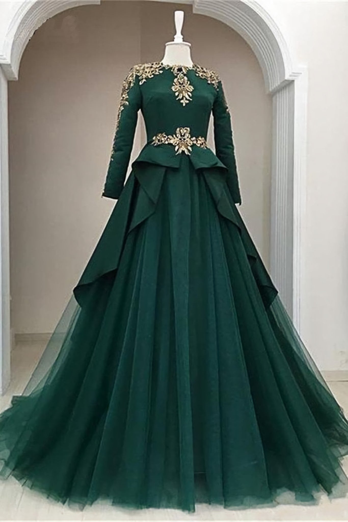 Dark Green Satin Tulle O Neck Long Sleeve Arabic Corset Formal Corset Prom Dress, With Applique Gowns, Homecoming Dresses Chiffon