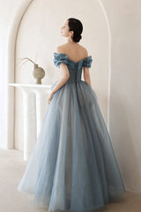 Blue Tulle Long A Line Corset Prom Dress, Off Shoulder Evening Dress outfit, Homecoming Dress Shops