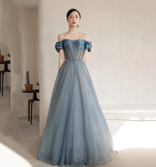 Blue Tulle Long A Line Corset Prom Dress, Off Shoulder Evening Dress outfit, Homecoming Dress Shopping