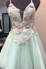 Mint Green Short Corset Homecoming Dress, With Flowers Mini Tulle Graduation Dress, With Pearls Gowns, Prom Dress With Sleeves