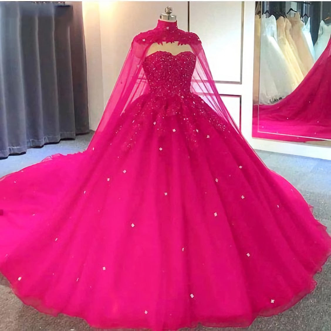 Hot Pink Detachable Cape Quinceanera Sweet 16 Corset Ball Gown Corset Prom Dress outfits, Homecoming Dress Inspo