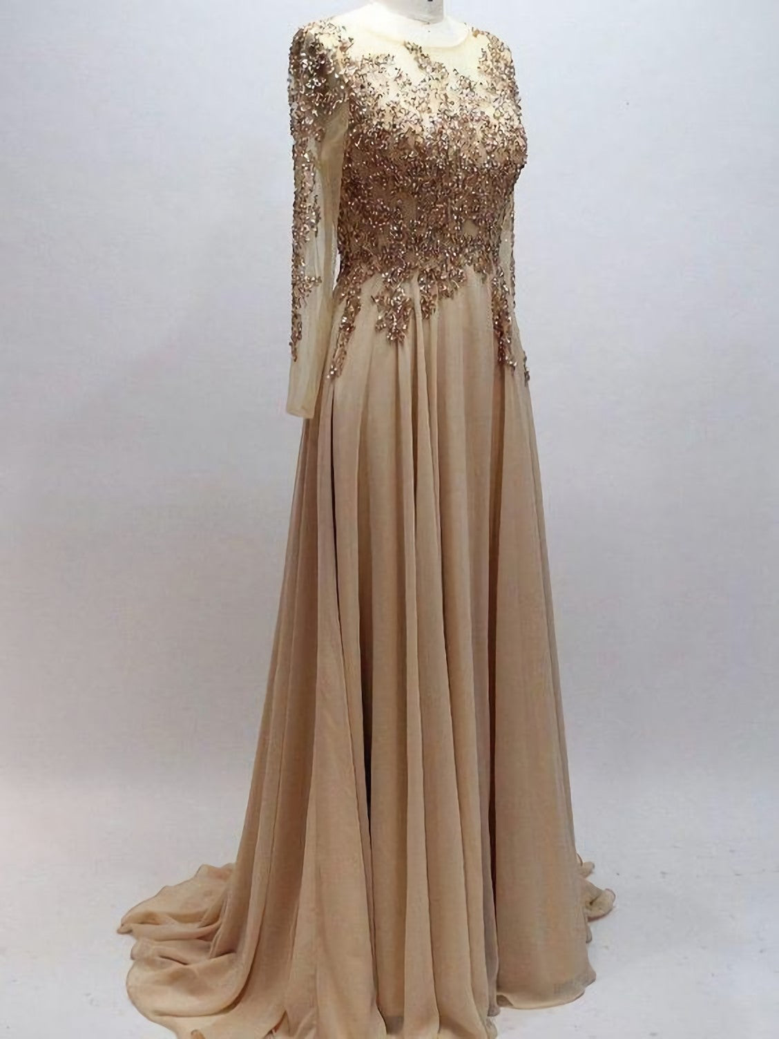 A Line Scoop Neck Chiffon With Beaded Long Sleeves Corset Prom Dresses outfit, Homecomeing Dresses Long