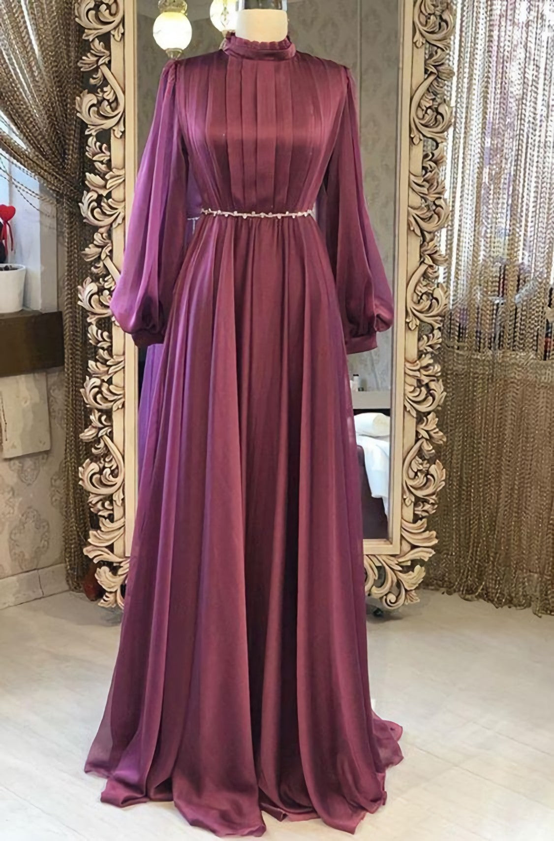 Chiffon Long Sleeves High Neck Fashion Corset Prom Dress outfits, Evening Dresses Prom