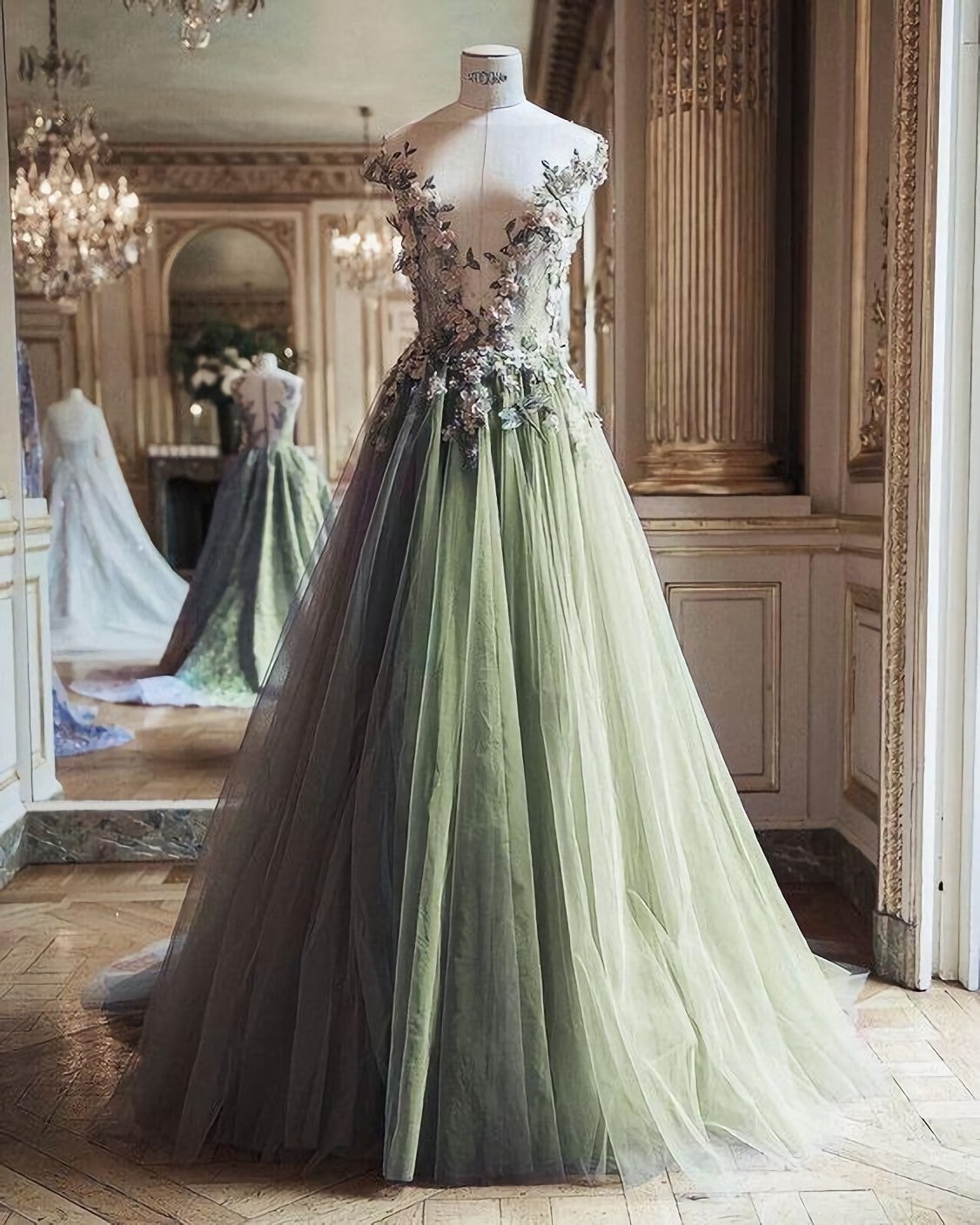 Green Tulle Long Corset Formal Dress, Party Dress, Corset Prom Dress outfits, Evening Dress With Sleeves Uk