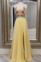 A Line Yellow Floral Embroidery Long Corset Prom Dress, With Side Slit outfit, Homecoming Dress Long