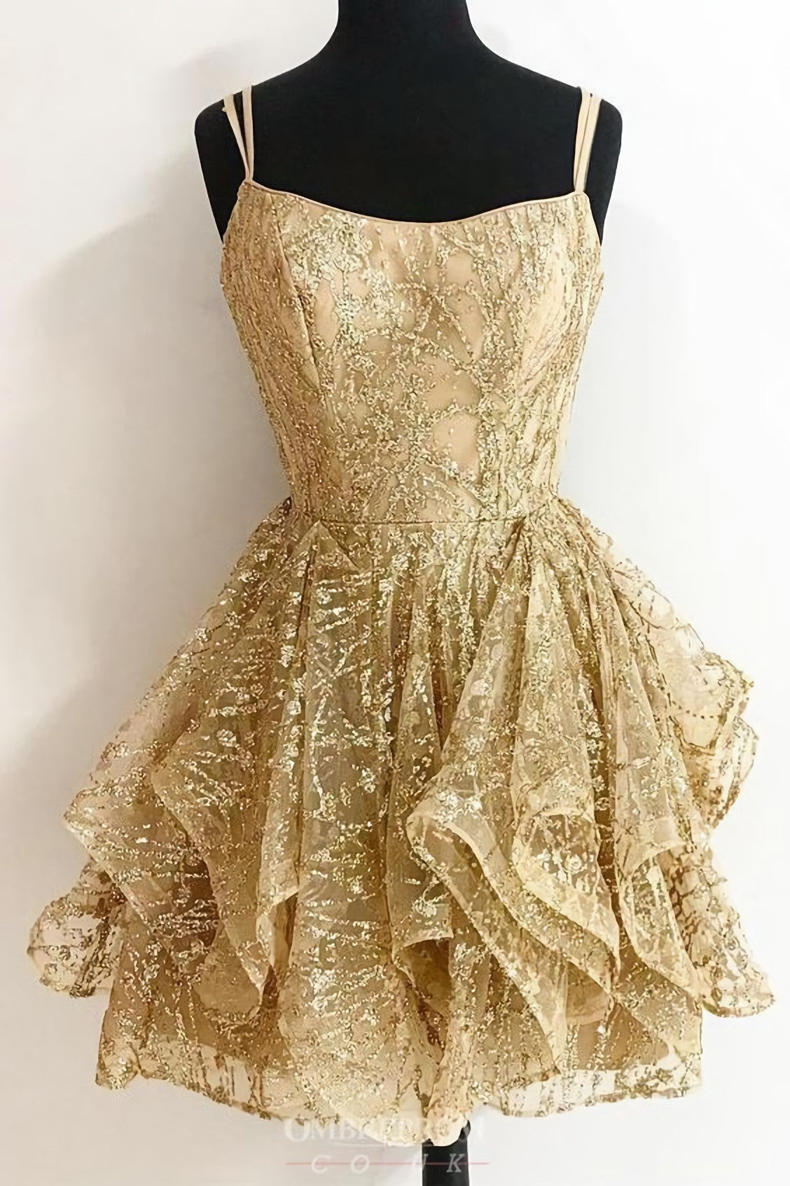 A Line Sequins Gold Short Corset Homecoming Dresses, Glitter Cocktail Party Dress Outfits, Prom Dresses Laced