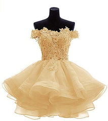 Elegant Yellow Appliques Tulle Dress, Ruffles Off Shoulder Short Corset Homecoming Dress outfit, Prom Dress Princess Style