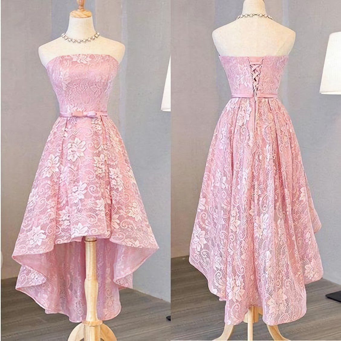 Nice Pink High Low Lace Dress, Pink High Low Dress, Lace Dress, Corset Homecoming Dress outfit, Prom Dresses Country