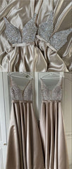 Long Champagne Satin Corset Bridesmaid Dresses, Plunge Neck Beaded Top Corset Prom Evening Gown outfits, Homecoming Dresses Simple