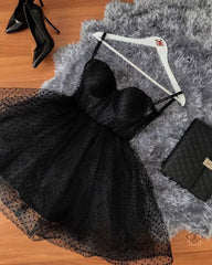 Black Polka Dot Tulle Strapless Corset Short Dress, Corset Homecoming Dress outfit, Prom Dress Places