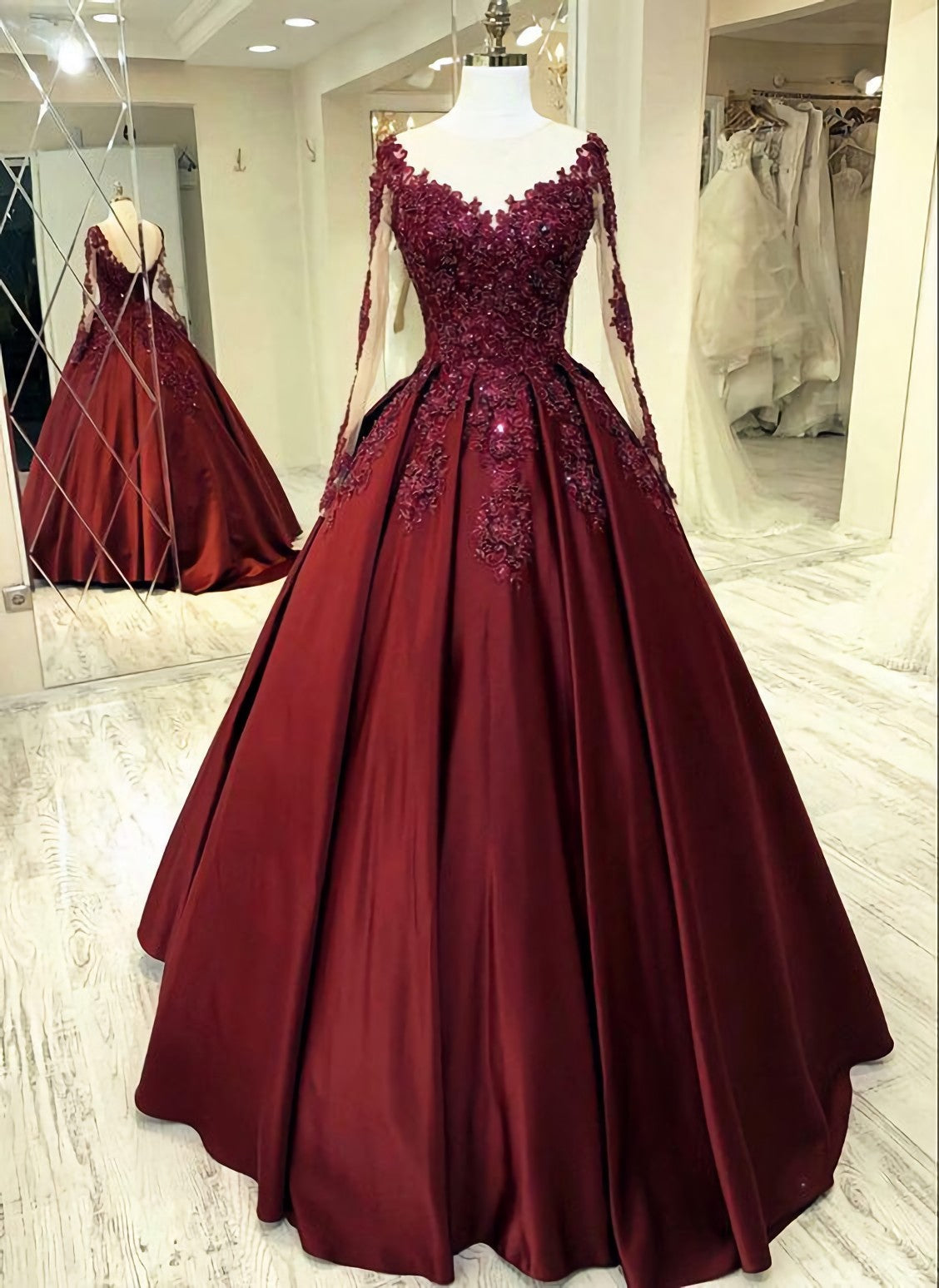 Elegant Burgundy Corset Wedding Dress, Lace Long Sleeves Corset Ball Gown Sheer Neckline For Women Corset Prom Dress, Evening Dress outfit, Wedding Dress For Bridesmaid