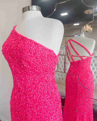 2024 One Shoulder Hot Pink Sequined Corset Prom Dress outfits, Evening Dress Gowns