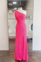 2024 One Shoulder Hot Pink Sequined Corset Prom Dress outfits, Evening Dress Gown