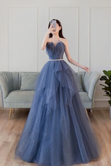 Blue Sweetheart Neck Tulle Long Corset Prom Dress, Blue Tulle Corset Formal Dress outfit, Homecoming Dress Under 56