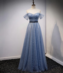 Blue Tulle Long A Line Corset Prom Dress, Evening Dress outfit, Evening Dresses Cocktail