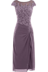 Knee Length Mauve Tight Chiffon Mother Of The Bride Corset Prom Dress, With Cap Sleeves Gowns, Homecoming Dresses Sweetheart
