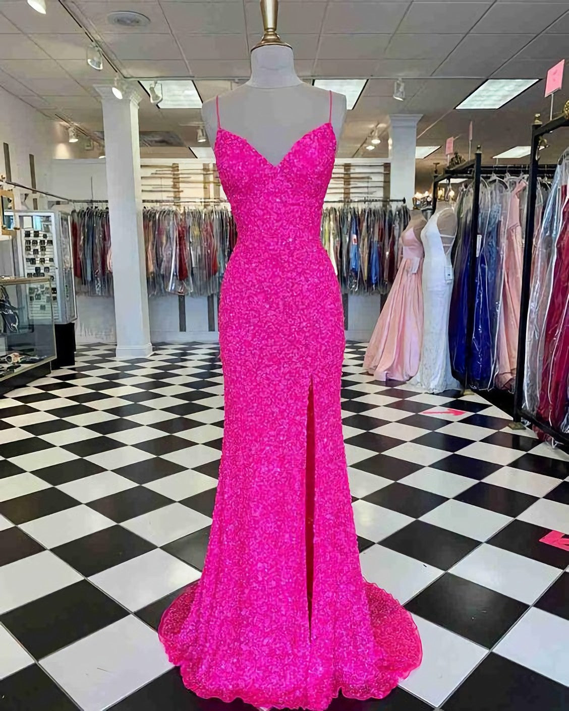 Hot Pink Straps Corset Prom Dress, With Slit Gowns, Prom Dresses Store