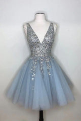 Blue V Neck Tulle Sequin Short Dress, Blue Corset Homecoming Dress outfit, Prom Dress With Shorts