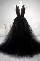Black V Neck Lace Long Corset Prom Dress, A Line Evening Dress outfit, Homecoming Dresses Shop