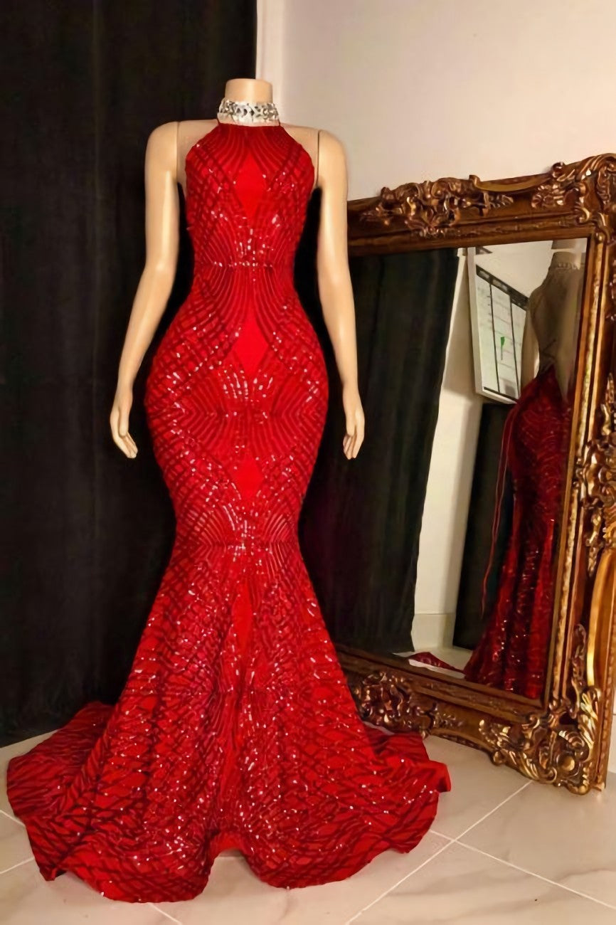 Halter Sleeveless Red Long Sequin Trumpet Corset Prom Dresses outfit, Evening Dresses With Sleeves