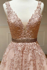 Pink V Neck Lace Long A Line Corset Prom Dress, Evening Dress outfit, Homecoming Dress Shop