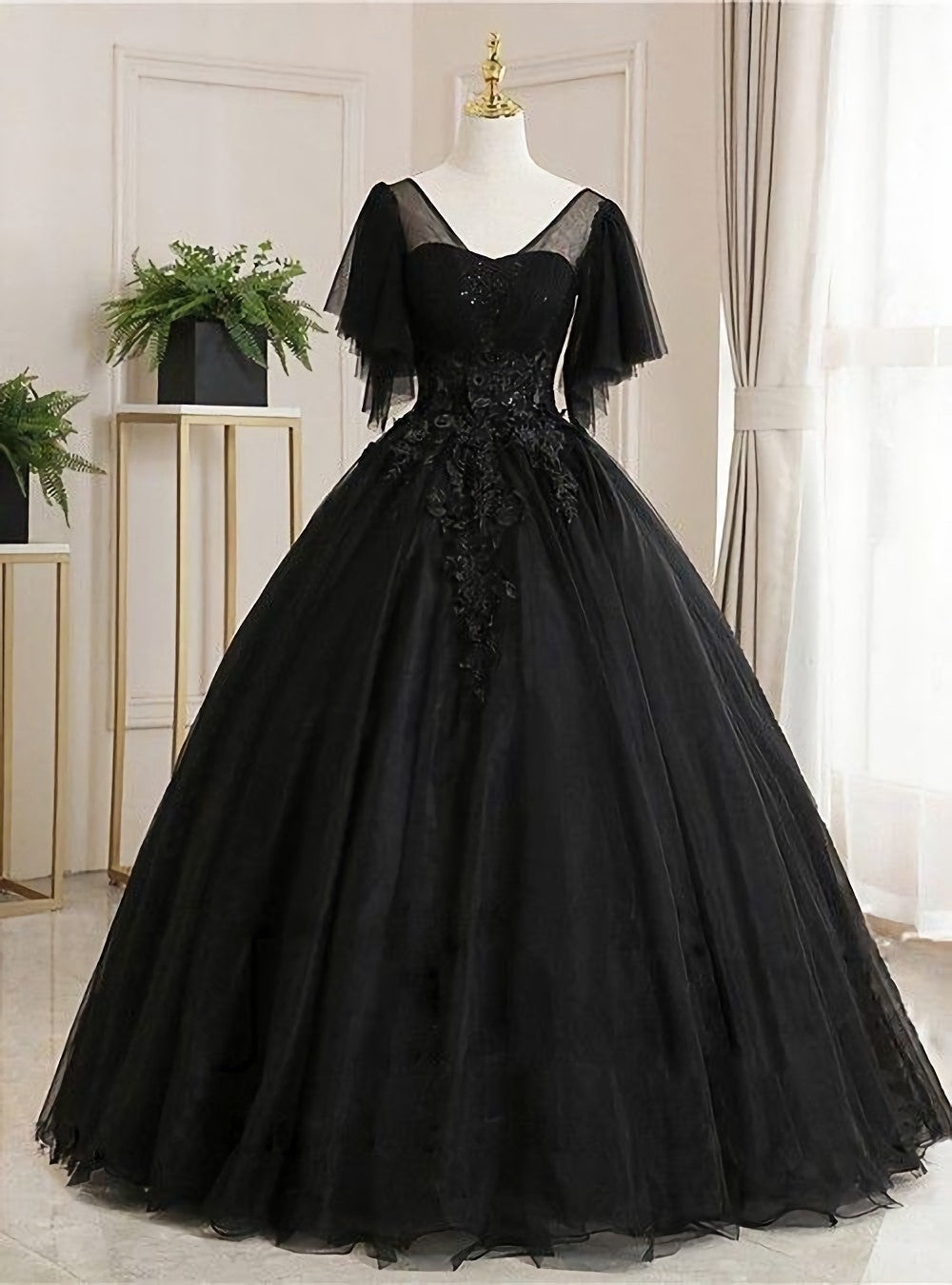 Ball Gown Luxurious Floral Quinceanera Corset Prom Dress, Scoop Neck Short Sleeve Floor Length Tulle With Pleats Embroidery Gowns, Prom Dresses A Line