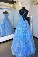 Elegant Straps Blue Appliqued Corset Formal Dress, Corset Prom Dress, Evening Dress outfit, Homecomming Dresses Long