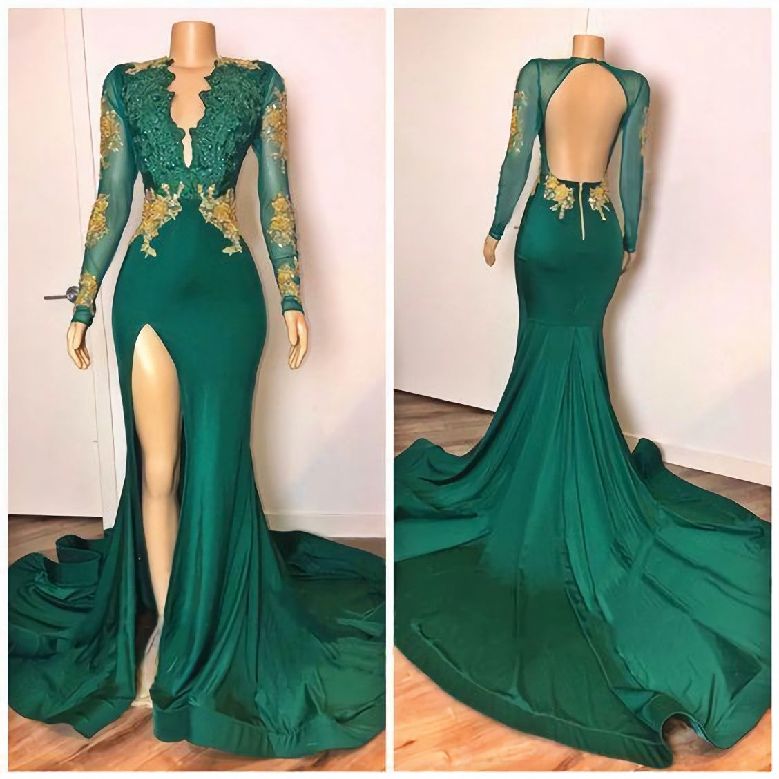 Green Long Sleeves V Neck Lace Mermaid Corset Prom Dress outfits, Evening Dresses For Over 56