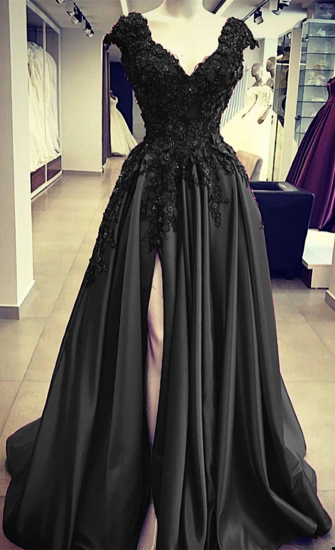 Black Satin Slit Dresses, With Lace Embroidery Corset Prom Dresses outfit, Evening Dresses Green