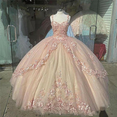 Pink Sparkly Quinceanera Corset Prom Dresses, Lace Flower Sweet 16 Tulle Party Corset Ball Gown outfits, Homecomming Dress With Sleeves