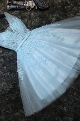 Lovely Blue Tulle V Neckline Short Party Dress, Tulle With Lace Corset Homecoming Dress outfit, Prom Dresses Blush
