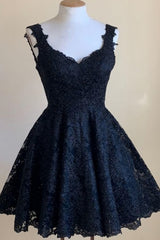 A Line Short Navy Blue Lace Corset Homecoming Dress outfit, Prom Dresses Spring